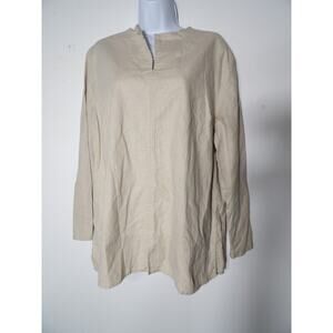 E Street Linen Top Large Khaki Beige Lagenlook 3/4 Sleeve Peasant Beachy